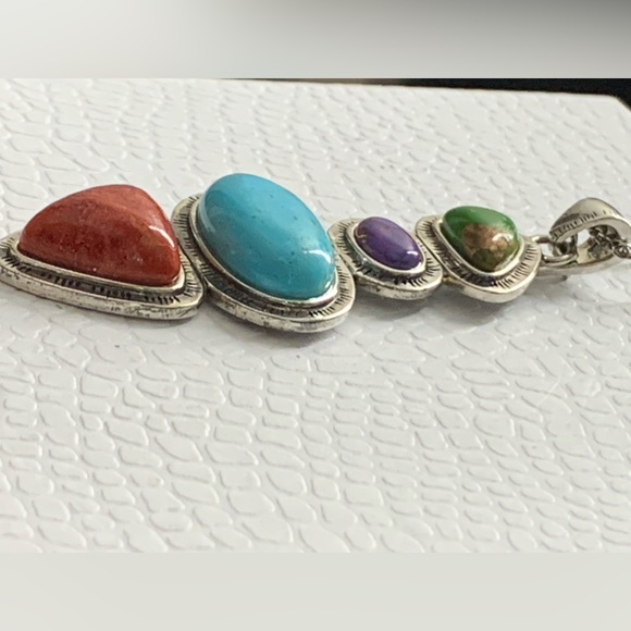 Designer NF 925 Sterling Silver Multicolor Stone Pendant  Necklace - 18” - Picture 3 of 13